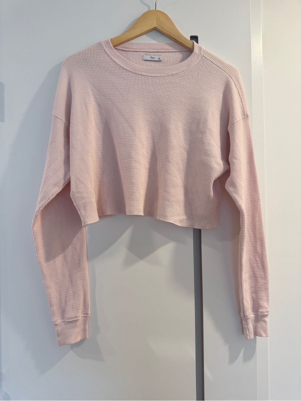 TNA Pale Pink Cropped Waffle Long-Sleeve Top